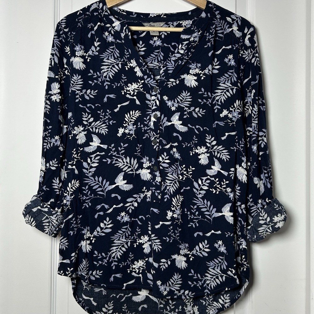 Bass Rayon Navy Crane Botanical Chinoiserie Print Roll Tab Sleeves Henley Blouse